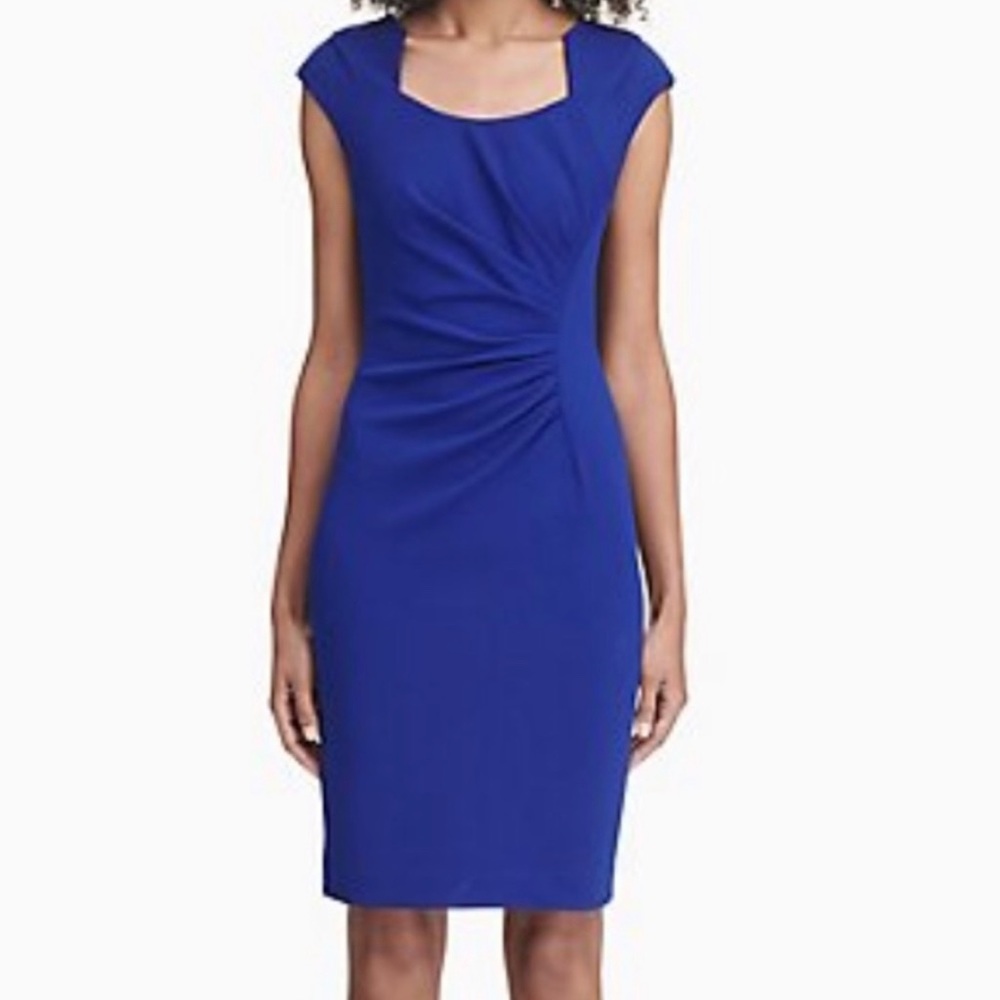 NWT Calvin Klein Blue Horseshoe Neck Ruched Dress